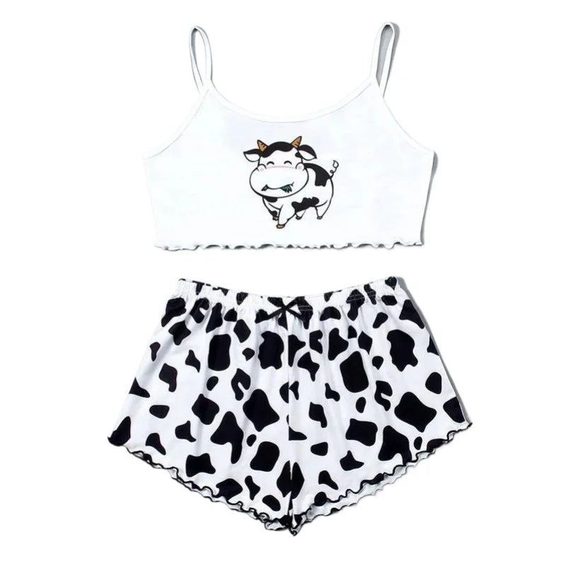Cute Cow Print Pajama Set - Sleeveless Top & Shorts Loungewear