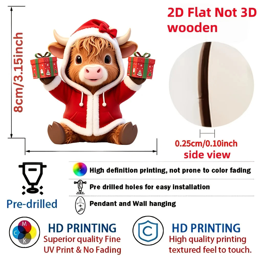 Hand-Painted Highland Cow Wooden Ornaments (8-Piece Set)