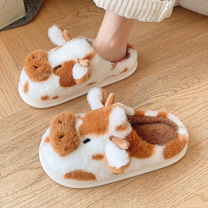 • Cute Cow Plush Slippers for Women – Fluffy Platform House Shoes & Winter Footwear