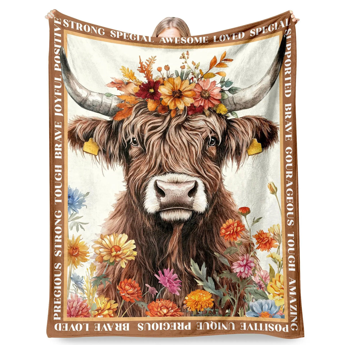 Highland Cow & Brown Floral Cozy Flannel Blanket | Farmhouse Throw