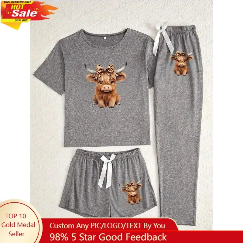 Cute Cartoon Highland Cow Pajama Set - Fitted Knit Sleepwear