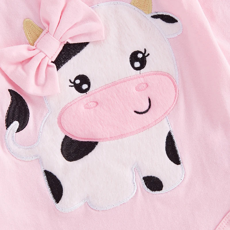 Baby Girls Fall Western Cow Embroidery Romper & Pants Set with Headband