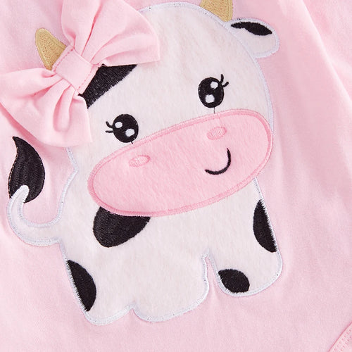 Baby Girls Fall Western Cow Embroidery Romper & Pants Set with Headband