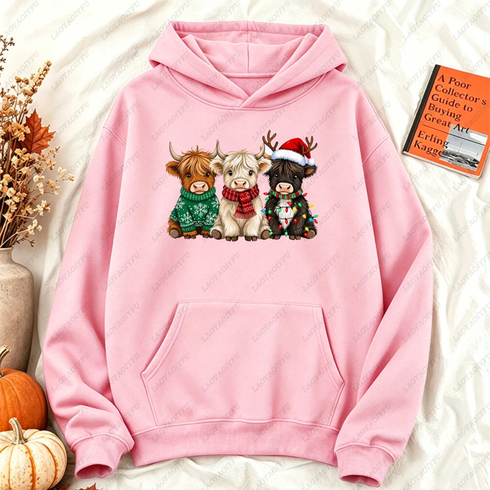 Cute Highland Cow Christmas Hoodie - Winter Holiday Pullover