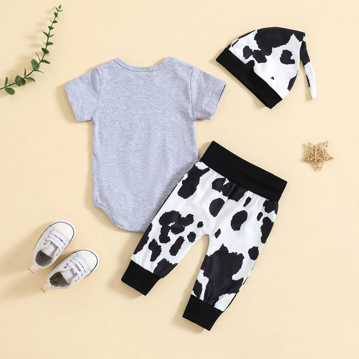 Unisex Baby Cow Print Romper, Pants & Hat 3-Piece Outfit (0-12M)