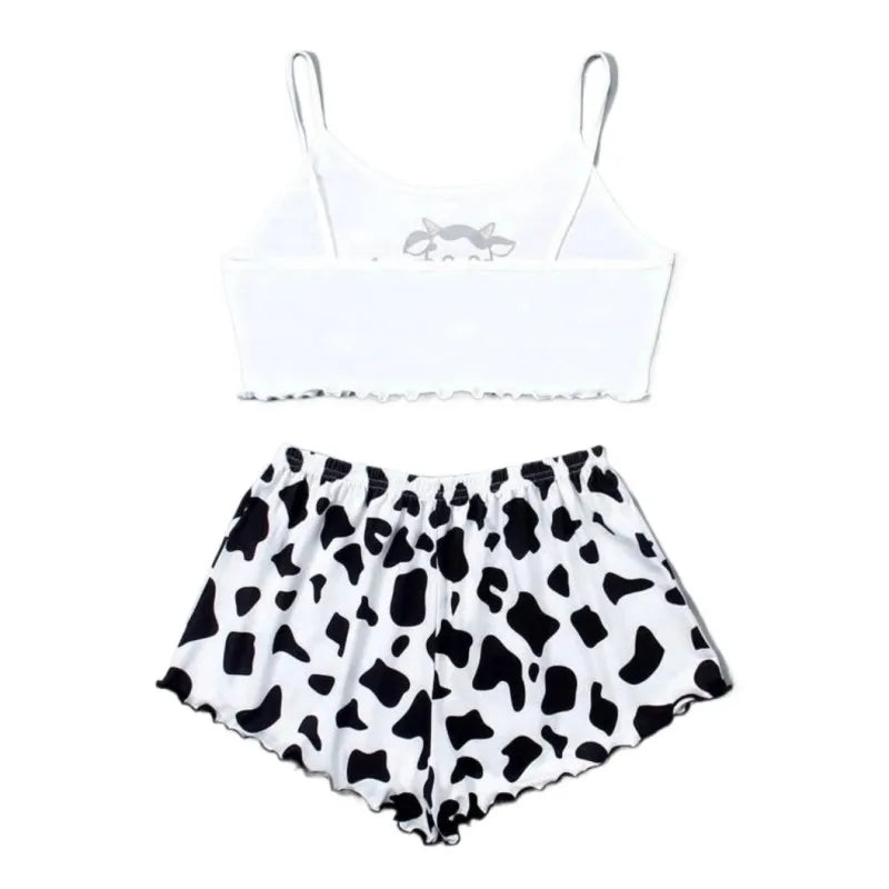 Cute Cow Print Pajama Set - Sleeveless Top & Shorts Loungewear