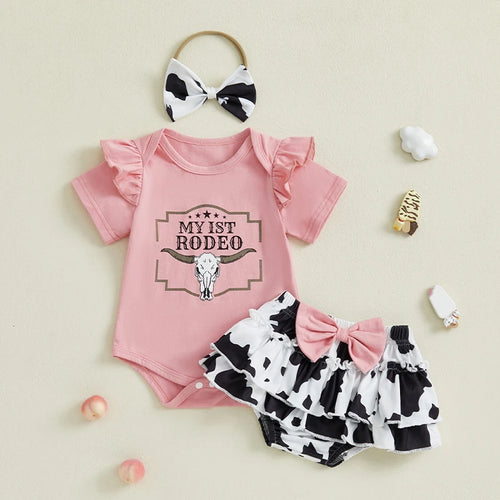 Baby Girl Western Romper & Cow Print Ruffle Shorts Set