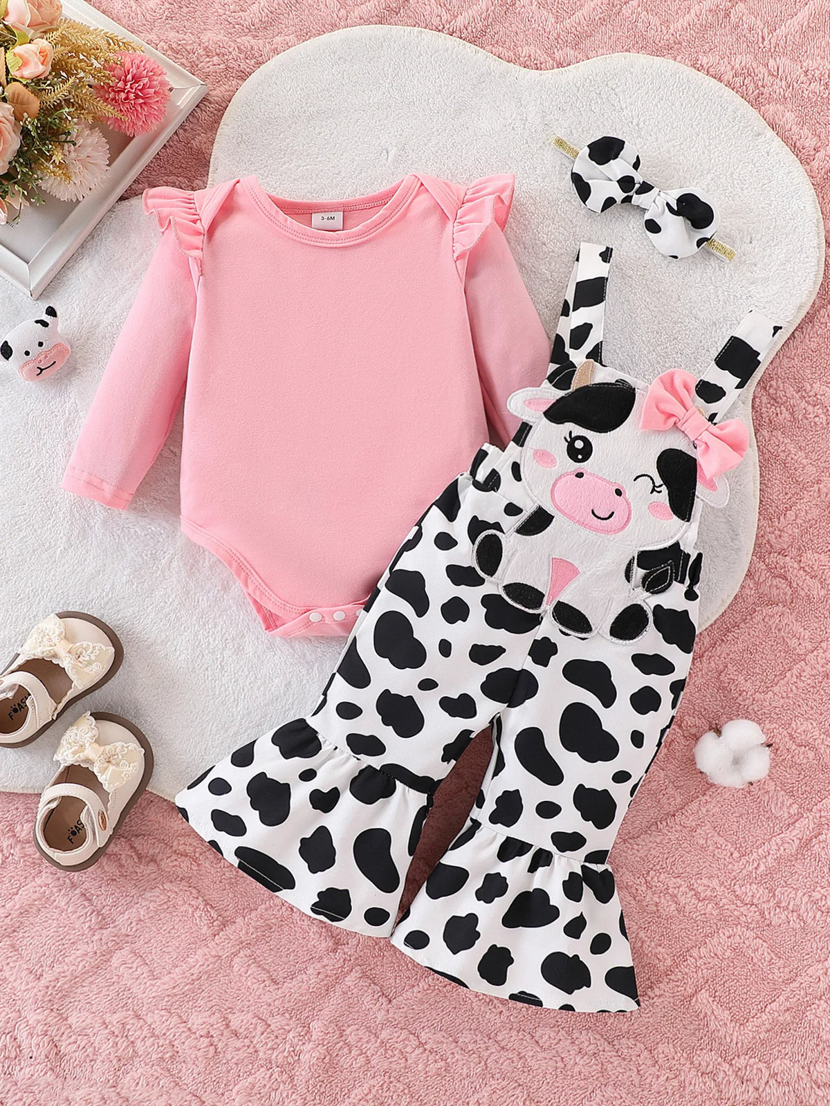 Baby Girl Cow Print 3-Piece Flared Overall Set