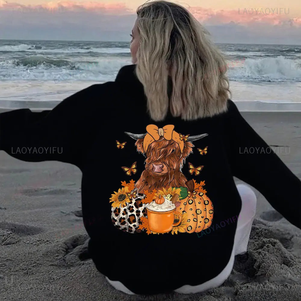 • : Highland Cow Print Hoodie for Women – Alphabet & Animal Pattern Sweatshirt with Pocket