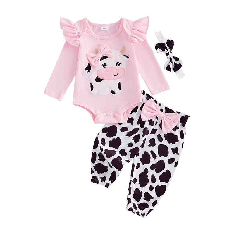 Baby Girls Fall Western Cow Embroidery Romper & Pants Set with Headband