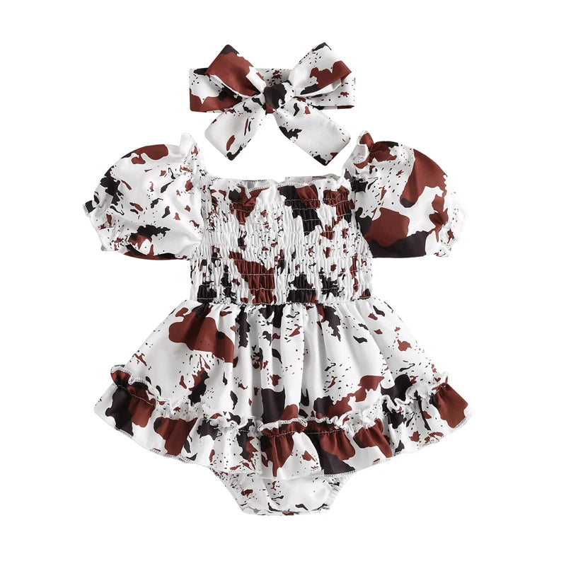 FOCUSNORM Toddler Girls Cow Print Off-Shoulder Romper Dress Set with Headband