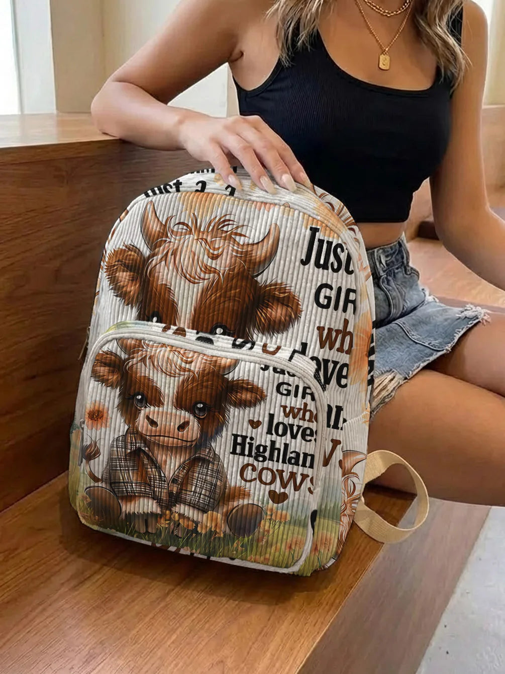 Highland Cow Corduroy Backpack - Large Capacity Commuter Bag