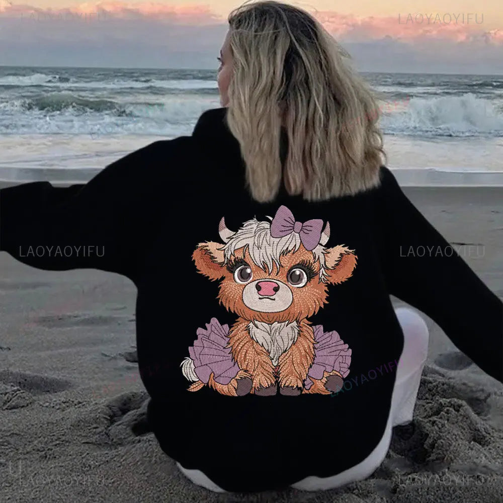 • : Highland Cow Print Hoodie for Women – Alphabet & Animal Pattern Sweatshirt with Pocket