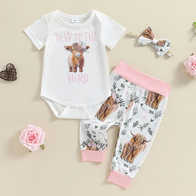 Baby Girl Citgeett Summer Romper & Elastic Pants Set with Bow Headband
