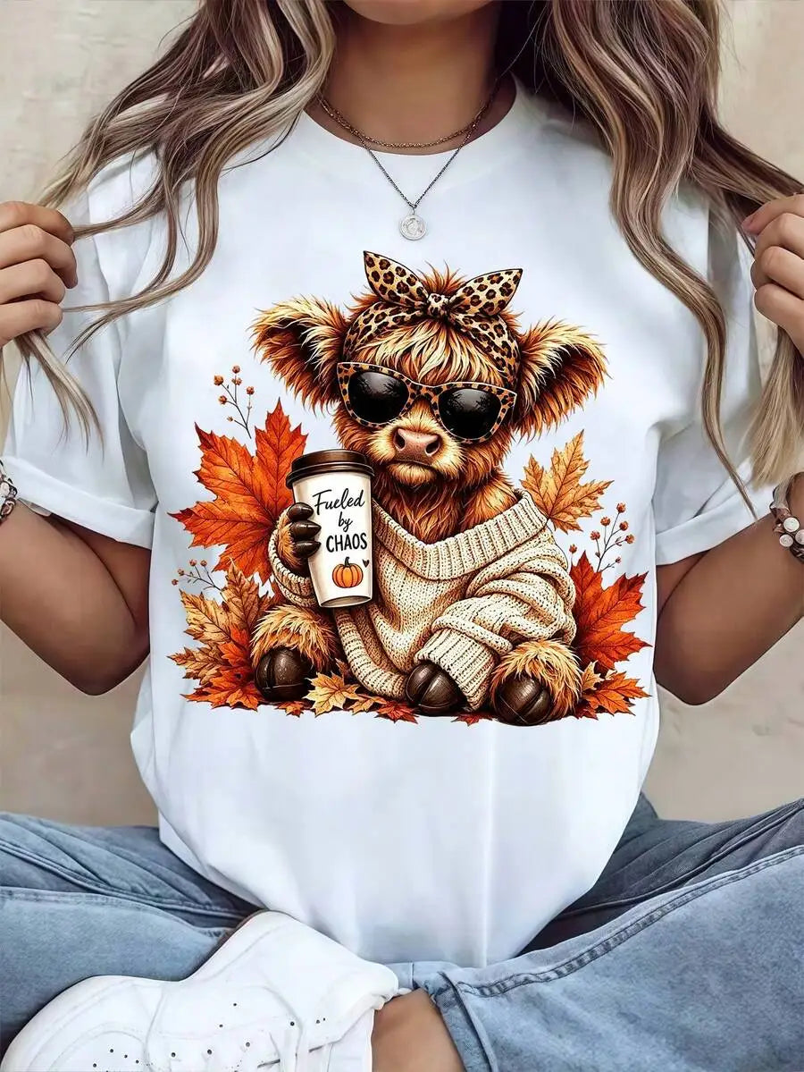 • Highland Cow Print T-Shirt – Women's Vintage Crew Neck Comfort Casual Top