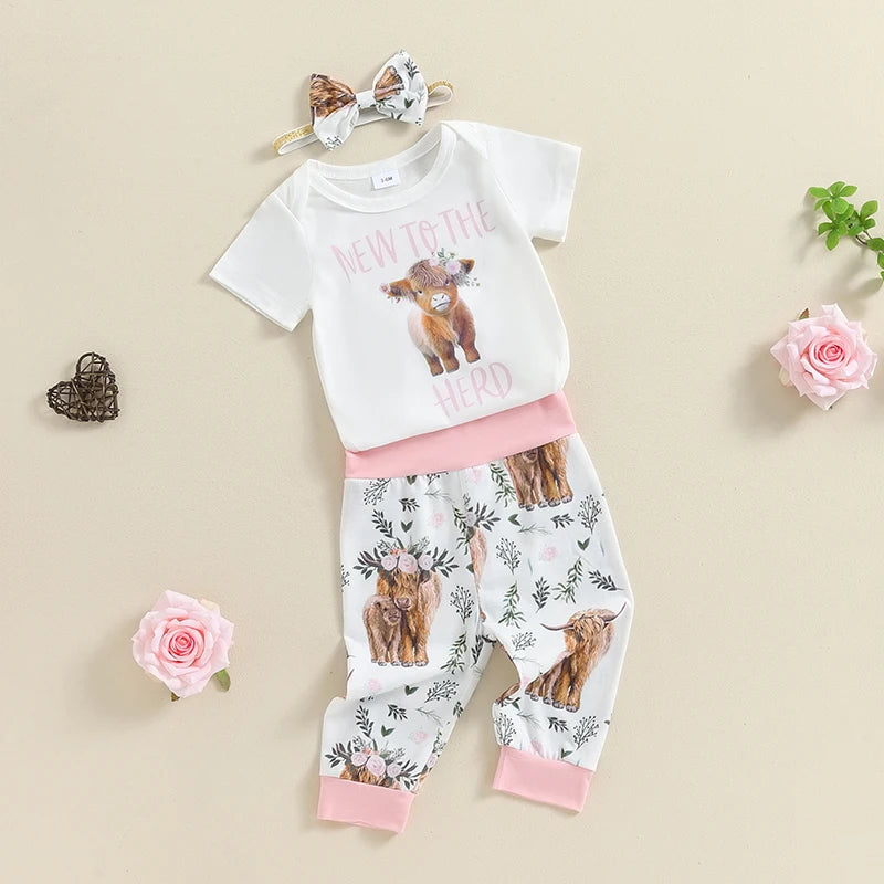 Baby Girl Citgeett Summer Romper & Elastic Pants Set with Bow Headband