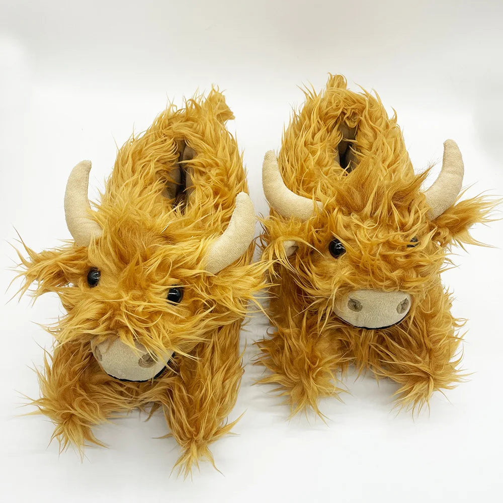 Fluffy Highland Cow Slippers - Warm Indoor Plush Slides