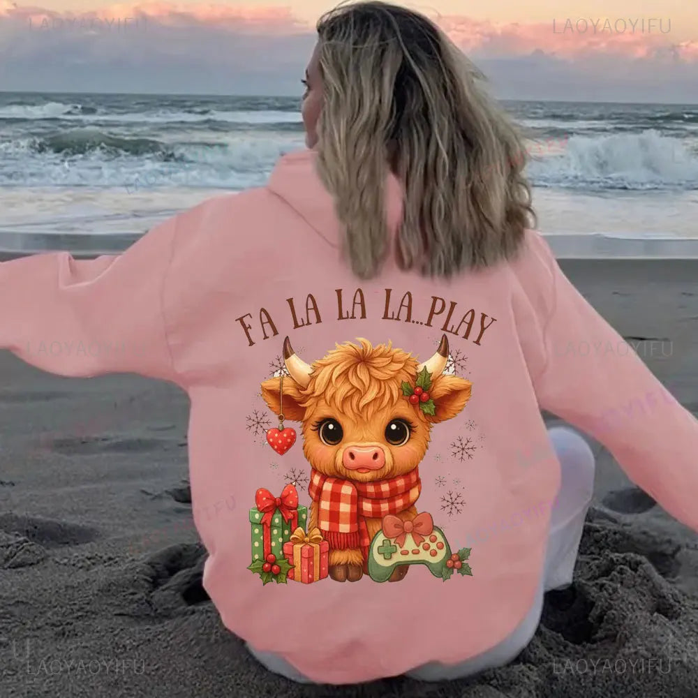 • : Highland Cow Print Hoodie for Women – Alphabet & Animal Pattern Sweatshirt with Pocket