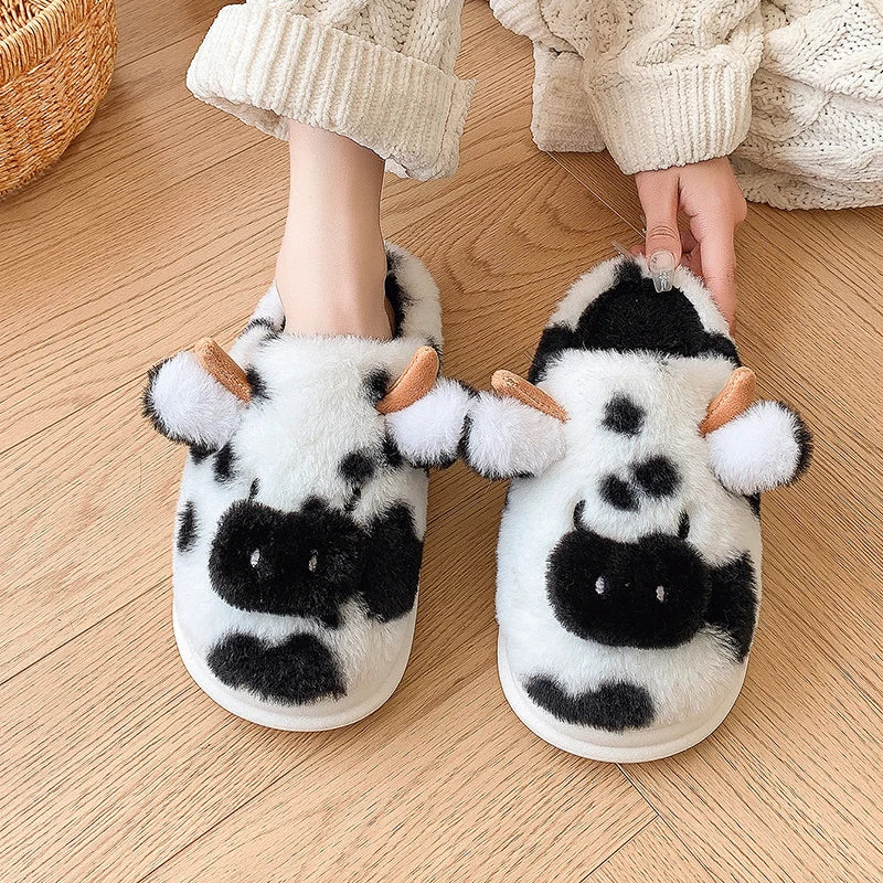 • Cute Cow Plush Slippers for Women – Fluffy Platform House Shoes & Winter Footwear