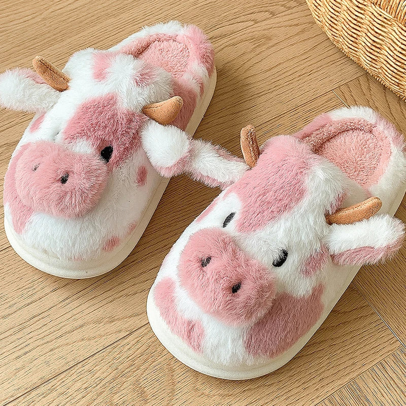 • Cute Cow Plush Slippers for Women – Fluffy Platform House Shoes & Winter Footwear