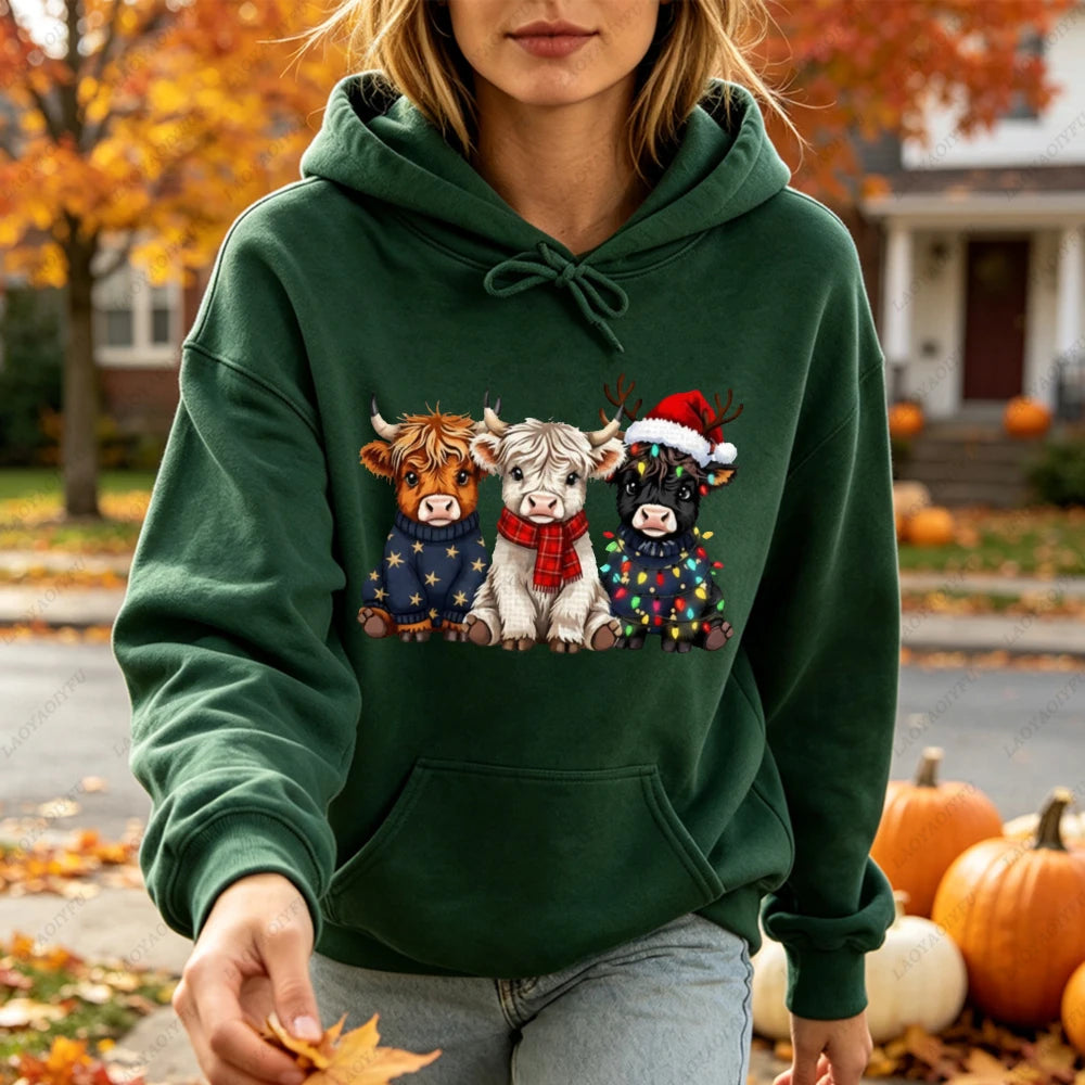 Cute Highland Cow Christmas Hoodie - Winter Holiday Pullover