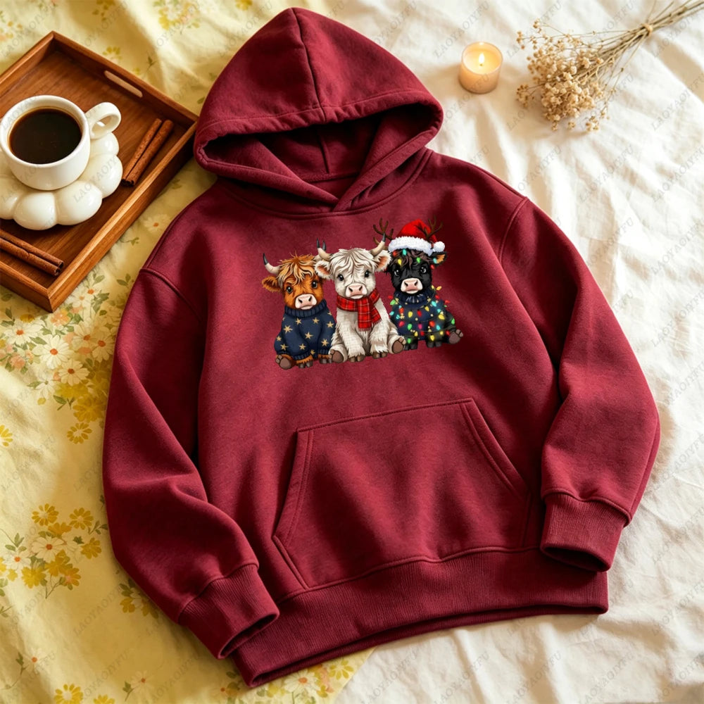 Cute Highland Cow Christmas Hoodie - Winter Holiday Pullover