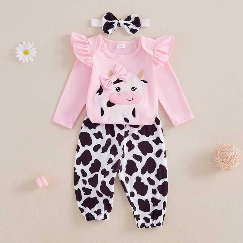 Baby Girls Fall Western Cow Embroidery Romper & Pants Set with Headband