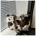 Plush Cow Print Large Capacity Tote Bag | Winter Travel Shoulder Bag