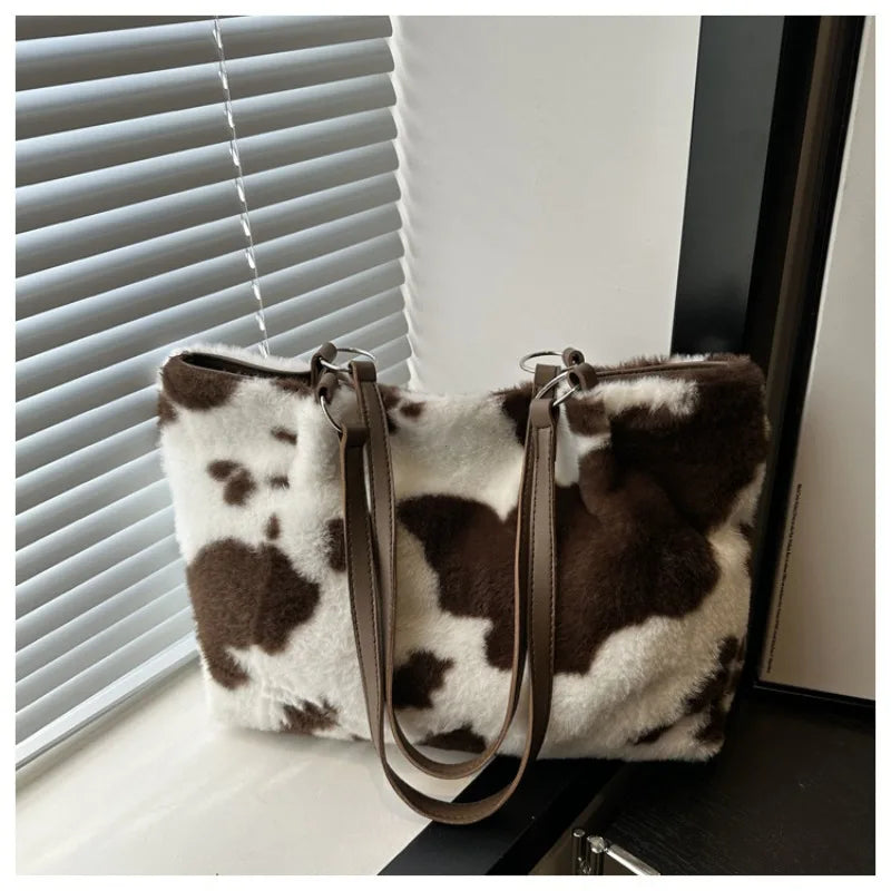 Plush Cow Print Large Capacity Tote Bag | Winter Travel Shoulder Bag