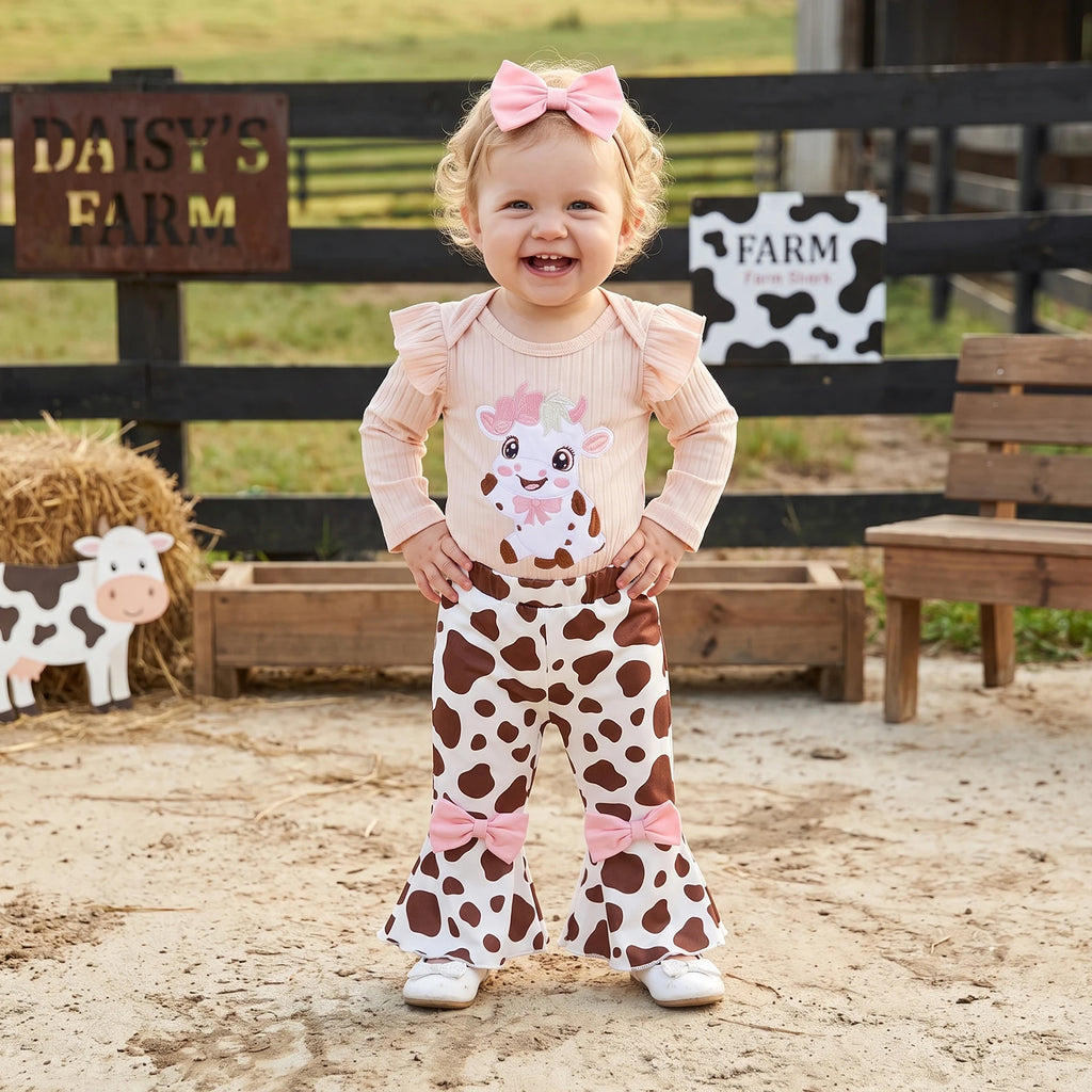 Baby Girls Western 3-Piece Outfit | Cow Embroidered Romper, Flare Pants & Headband Set