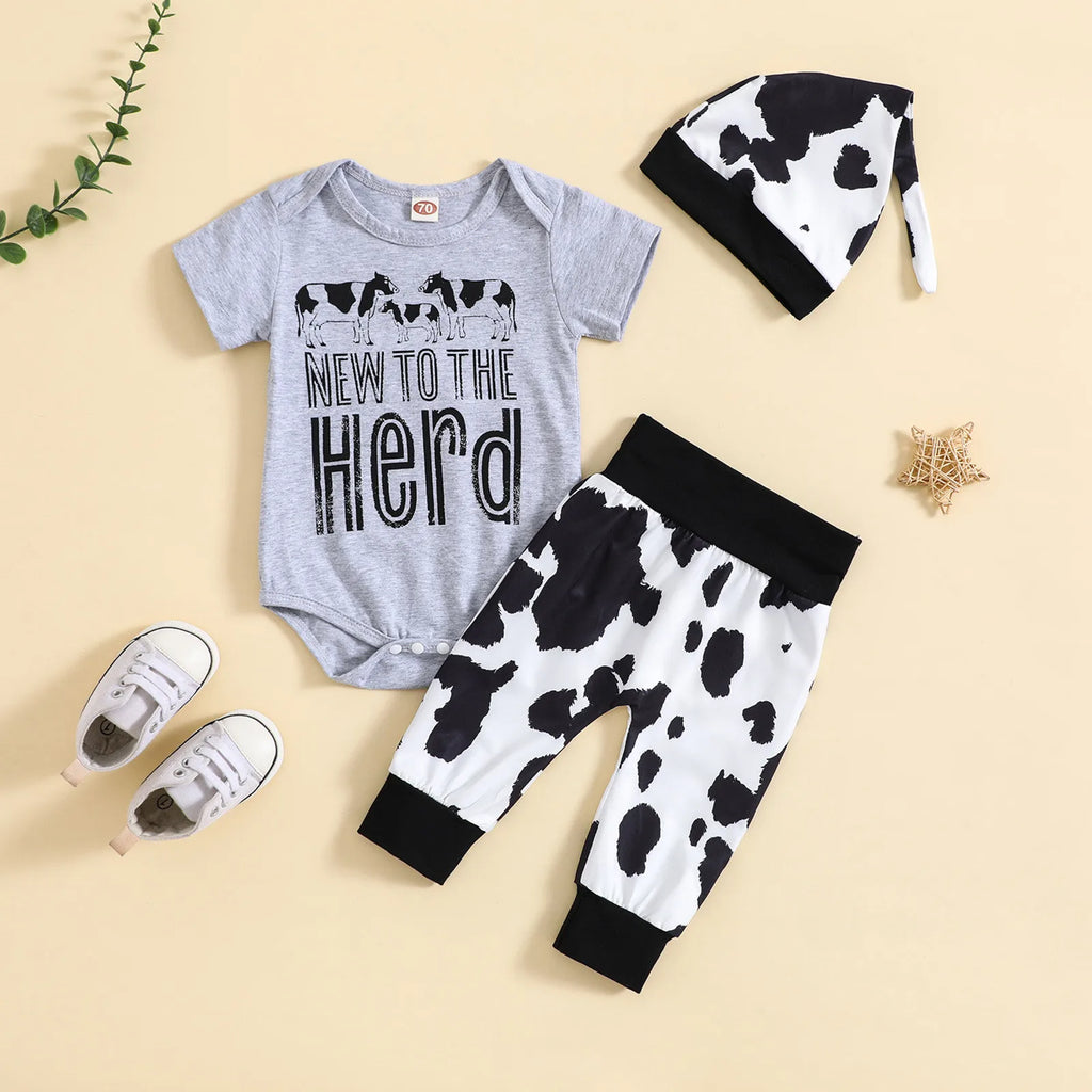 Unisex Baby Cow Print Romper, Pants & Hat 3-Piece Outfit (0-12M)