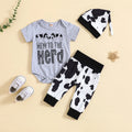 Unisex Baby Cow Print Romper, Pants & Hat 3-Piece Outfit (0-12M)