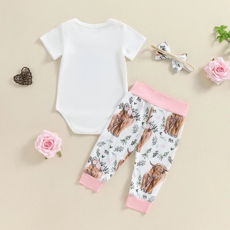 Baby Girl Citgeett Summer Romper & Elastic Pants Set with Bow Headband