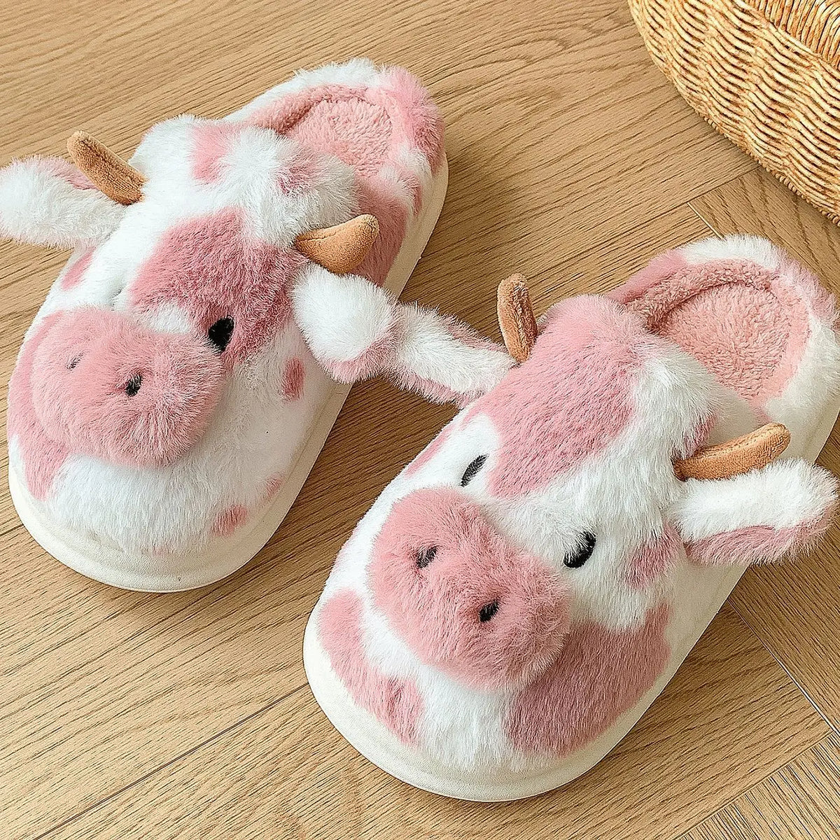 • Cute Cow Plush Slippers for Women – Fluffy Platform House Shoes & Winter Footwear