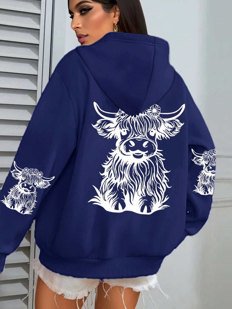 Cute Cartoon Cow Print Hoodie – Women's Winter Fleece Sweatshirt with Pocket