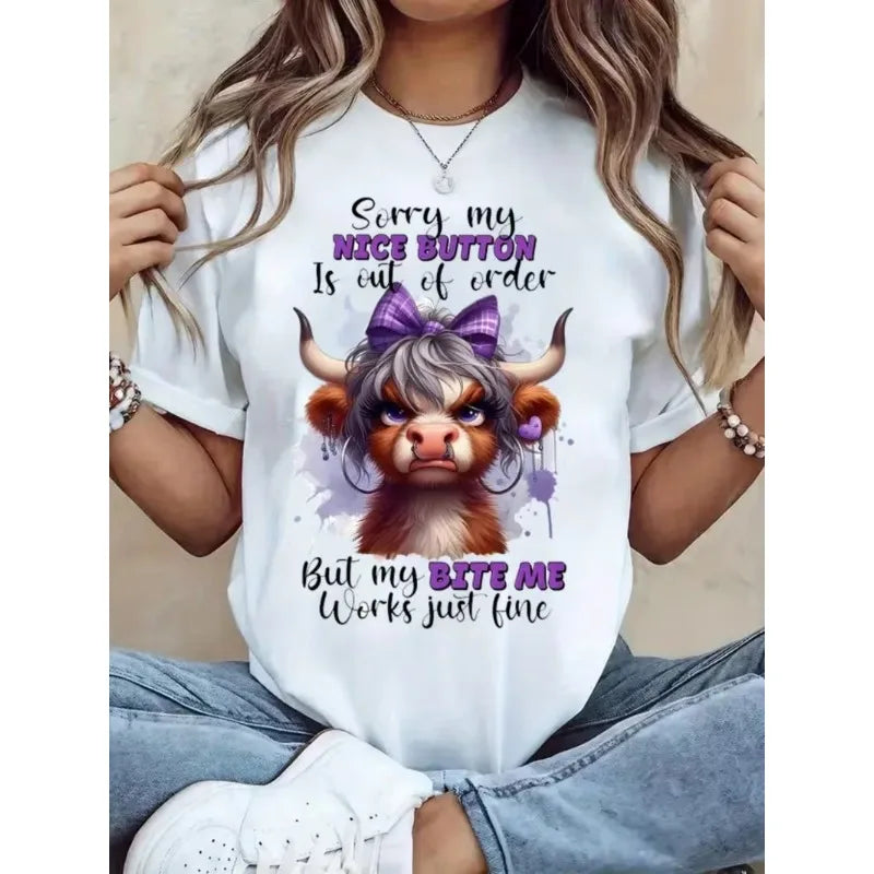 Highland Cow Print Graphic T-Shirt – Funny Sarcastic Casual Tee for Women