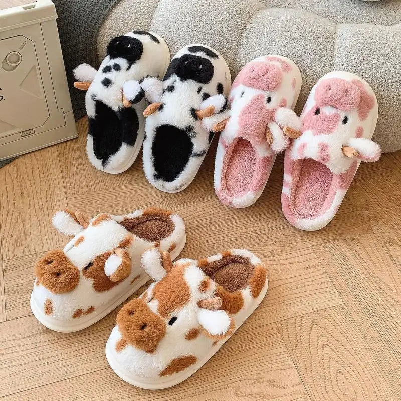 • Cute Cow Plush Slippers for Women – Fluffy Platform House Shoes & Winter Footwear