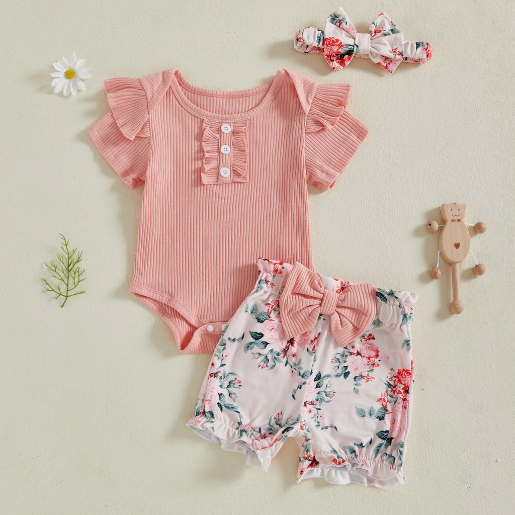 Baby Girl Cow Print & Floral Shorts Romper Set
