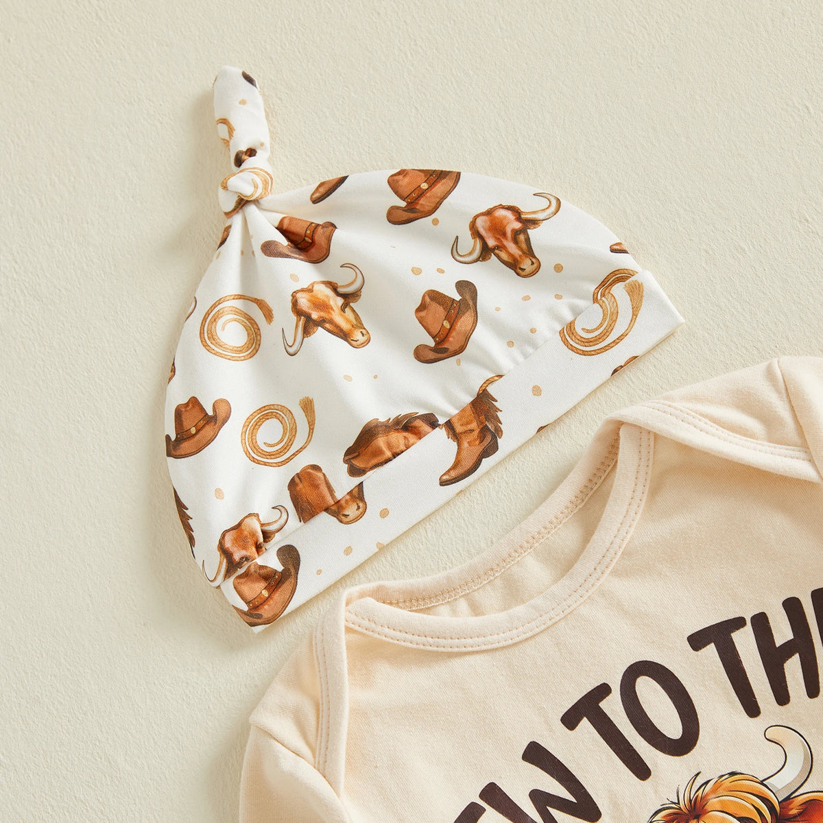 Baby Boy Letter Romper & Cow Print Pants Set with Matching Hat