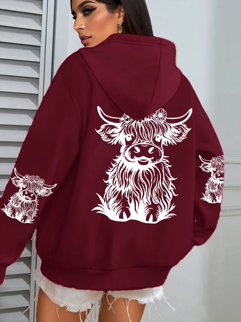 Cute Cartoon Cow Print Hoodie – Women's Winter Fleece Sweatshirt with Pocket
