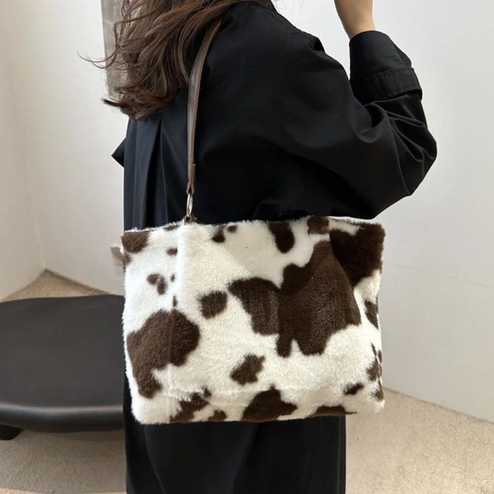 Plush Cow Print Large Capacity Tote Bag | Winter Travel Shoulder Bag