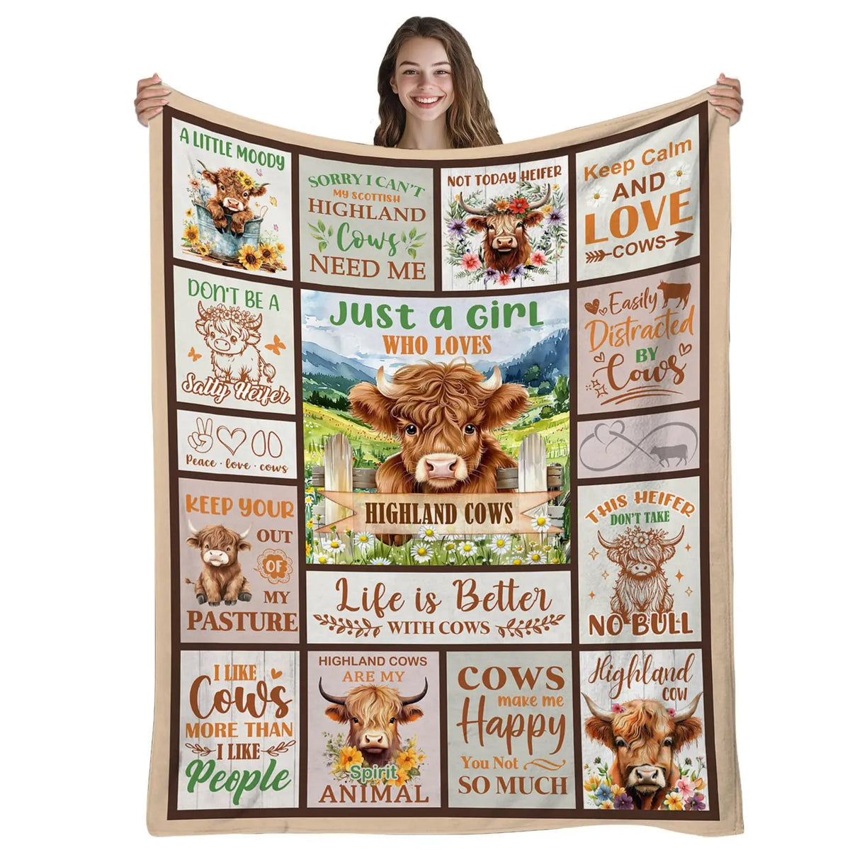 Highland Cow & Brown Floral Cozy Flannel Blanket | Farmhouse Throw