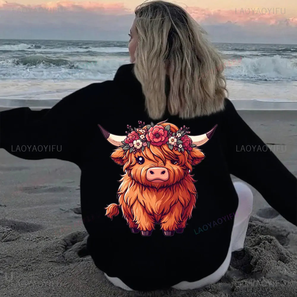 • : Highland Cow Print Hoodie for Women – Alphabet & Animal Pattern Sweatshirt with Pocket