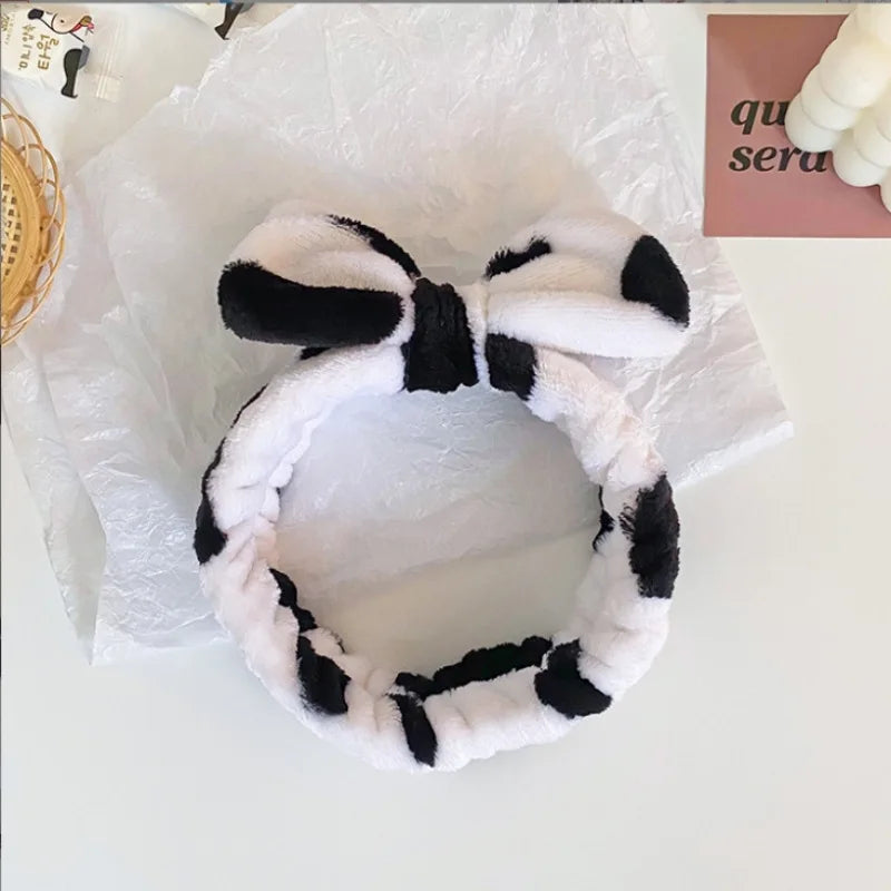 Cozy Cow Print Plush Spa Headband Set – Fluffy Skincare & Makeup Hair Accessories for Winter