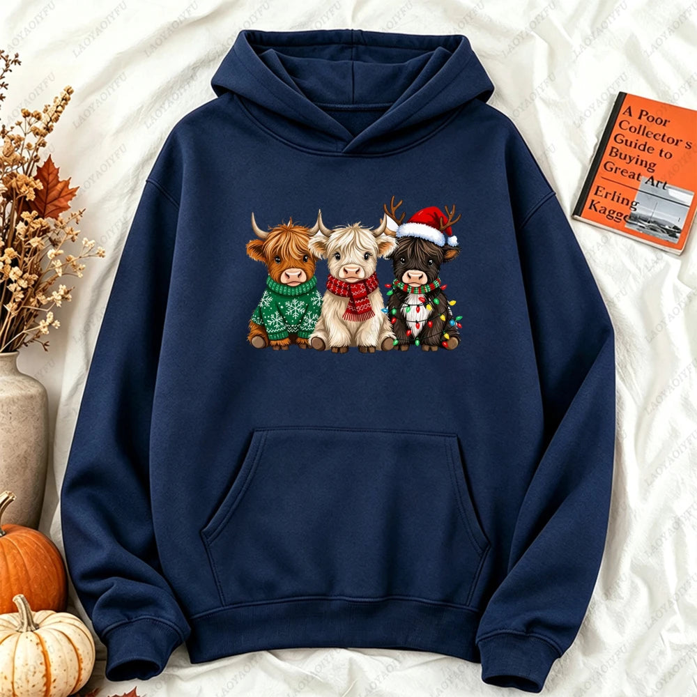Cute Highland Cow Christmas Hoodie - Winter Holiday Pullover